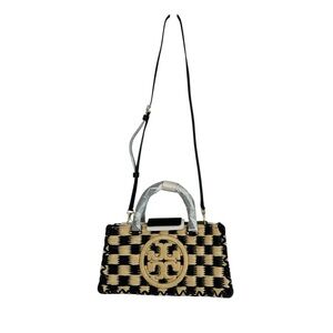 Tory Burch Ella Hand-Crocheted Checkered E/W Top Handle Black/Natural Purse NWT